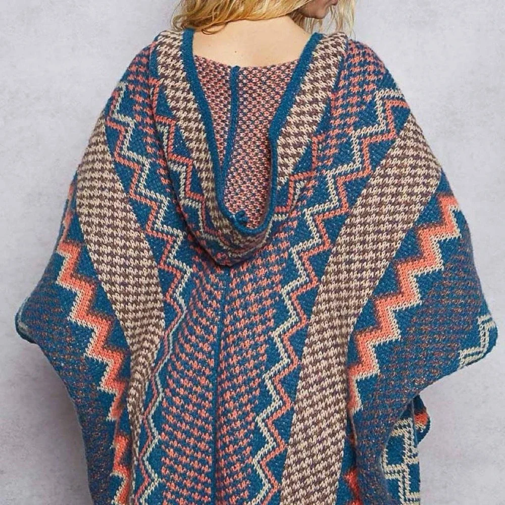 Hooded Boho knit poncho, great details! One size